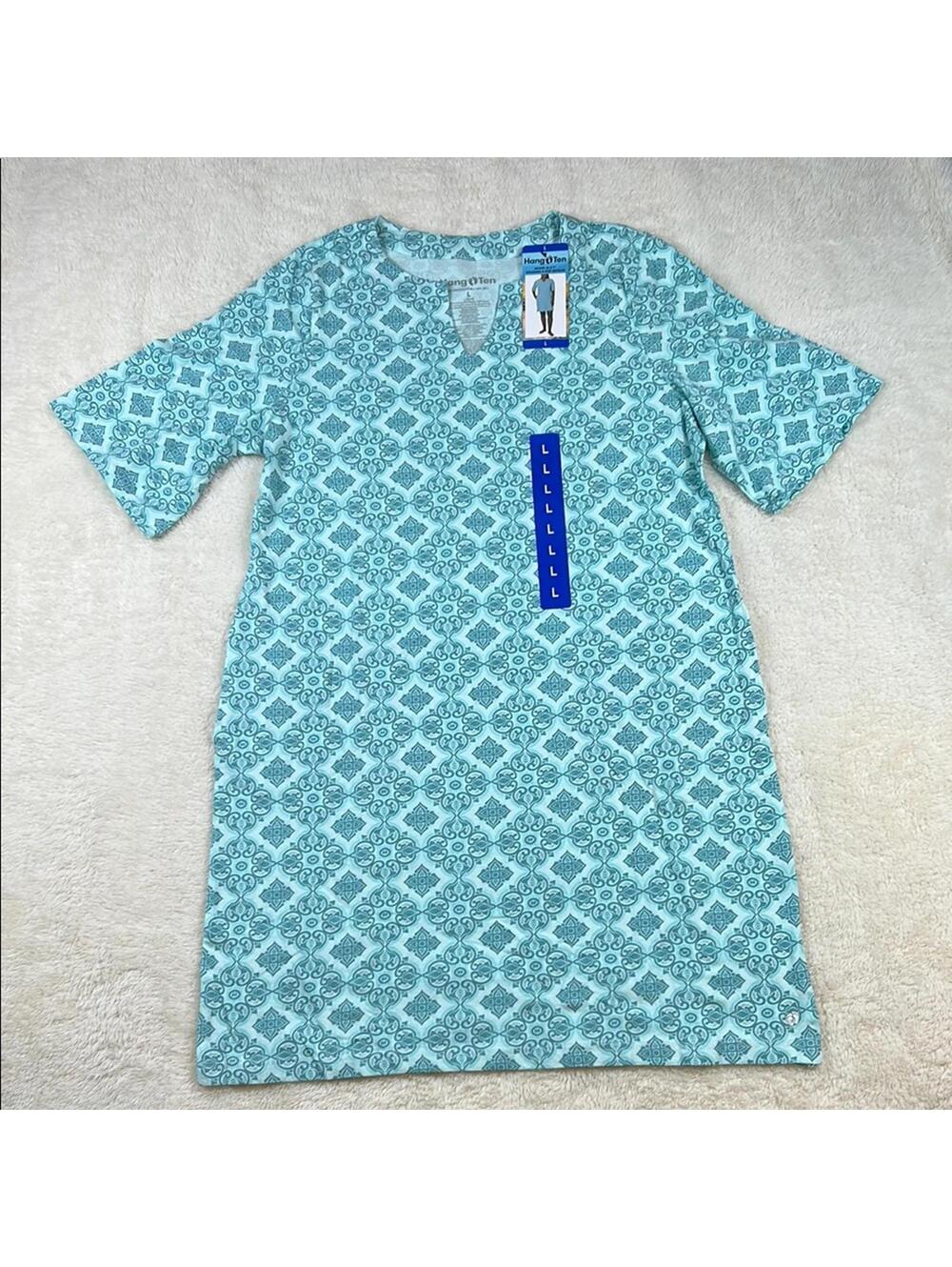 Hang Ten Blue White Printed T-Shirt Dress Sz Large NWT Casual V-Neck Midi Dress